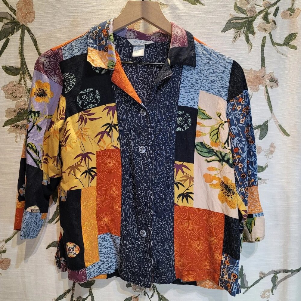 City Blues Vintage Patchwork Women's Button-Down Boho Colorful Shirt Blouse PS